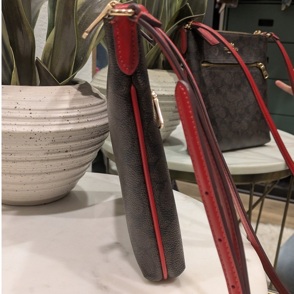 Coach Mini Rowan File Bag and Coach Zip Card Case Walnut w/ Red Trim Authentic - Picture 6 of 16